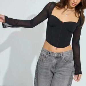 NWT Aria Long Sleeve Sweetheart Bustier Top Jet Black